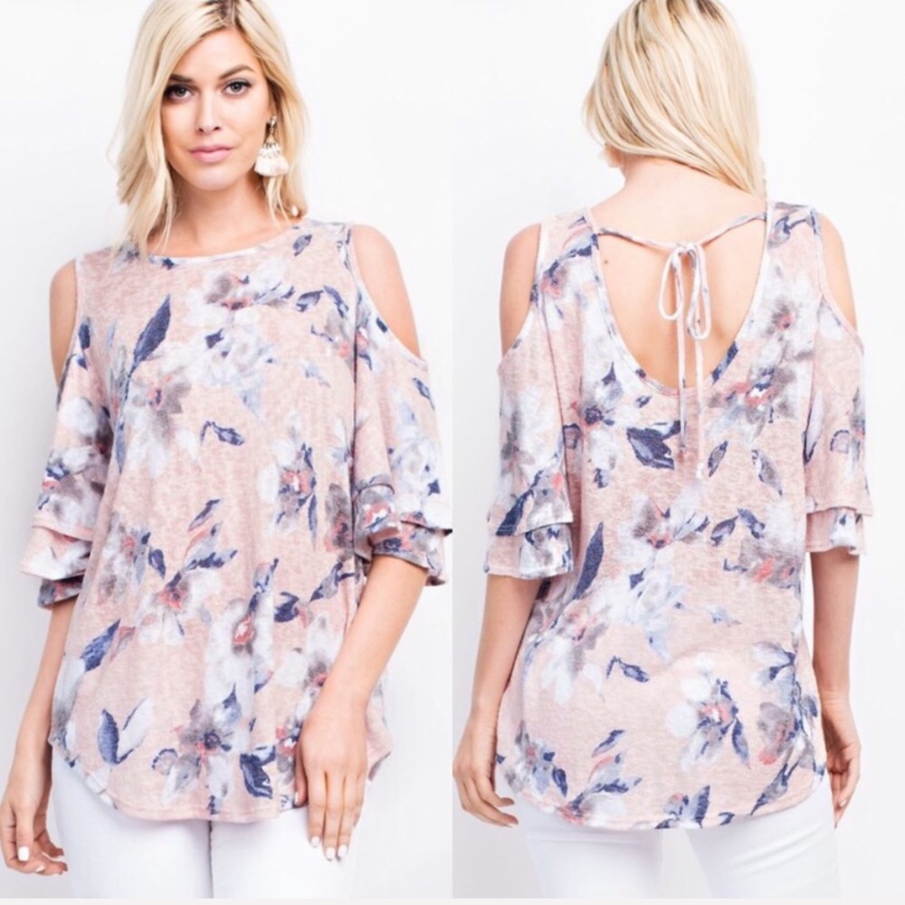 LAST 1! French Terry Floral Cold Shoulder Top - Picture 1 of 8